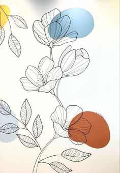 a drawing of flowers on a wall in a room with blue, yellow and orange circles