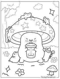 a coloring page with an image of a mushroom in the sky and mushrooms around it