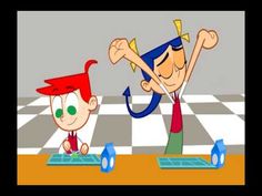 two cartoon characters standing in front of a checkered floor