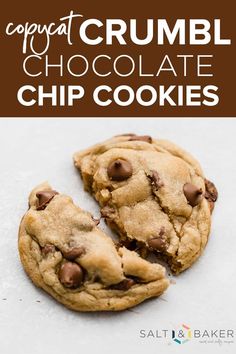 two chocolate chip cookies on top of each other with the words tropical crumbl chocolate chip cookies