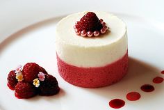 a collage of photos with different desserts and berries on it, including raspberries