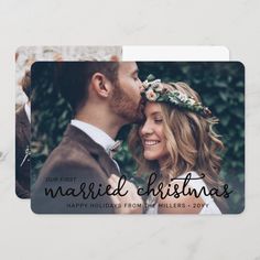 a wedding card with the words, our first married christmas and an image of a couple kissing each other