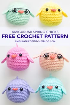 four crocheted birds are shown with the text, free crochet pattern