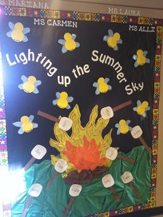 a bulletin board with the words, lighting up the summer sky and fire on it