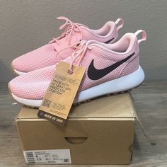 Nike Roshe G Next Nature Golf Shoes Med Soft Pink/Black -White Womens 7.5 Mens 6 Brand New Price Firm Paid $90!! Still In Box No Spikes Needed A Spikeless, Integrated Traction Pattern Helps Eliminate Transition Time From The Rolling Greens Of The Course To The Concrete Cart Pathways And Parking Lots. More Benefits Gusset On The Tongue Helps Keep Debris Away. Tongue And Heel Pull Tabs Make It Easy To Put On And Take Off The Shoe. Comfortable Pink Running Shoes For Errands, Comfortable Pink Running Shoes With Round Toe, Casual Pink Running Shoes With Rubber Sole, Comfortable Pink Low-top Running Shoes, Comfortable Low-top Pink Running Shoes, Casual Pink Running Shoes For Errands, Pink Running Shoes For Spring, Pink Running Shoes For Spring Errands, Adidas Ultraboost 19