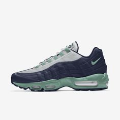 Celebrate workwear’s wide appeal with a new take on the Nike Air Max 95 By You. Utilitarian materials like polished twill and leather are rugged and durable with an undeniable nod to runway style. Perfectly understated details like contrast stitching and gradient layers add a new level of depth to this long-time favorite. Air Max For Women, Colorful Nike Shoes, Nike Gym Shoes, Jordan Shoes For Sale, Nike Internationalist, White Nike Shoes, Black And White Nikes, Yellow Nikes, Custom Nike Shoes