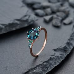 Emerald And Peridot Engagement Ring, Blue Green Engagement Ring, Nontraditional Rings, Fluorite Ring, Hexagon Engagement Ring, Cute Promise Rings, Peridot Engagement Rings, Rose Gold Wedding Ring, Cute Engagement Rings