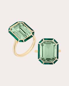 Set atop an 18-karat gold band, this artful ring features an emerald-cut prasiolite face detailed with inlaid malachite along its octagonal bezel. From Goshwara's Mélange Collection. 18k gold, prasiolite and malachite Carat: 1.53 ctw malachite, 9.39 ctw prasiolite Polish with soft cloth Made in Thailand Measurements Prasiolite width: 0.56in Prasiolite length: 0.76in Malachite Ring, Scarf Trends, Malachite Rings, Emerald Cut Rings, Large Jewelry, Fashion Jewelry Earrings, Boots And Sneakers, Gold Band, Emerald Cut