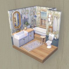 Sims 4 3x3 Bathroom, Sims 4 Houses Interior No Cc, Sims 4 Rich House Interior, Sims 4 Bathroom Layout, Sims 4 Cottage Bathroom, Sims House Ideas Exterior, Sims 4 Master Bed Ideas, Sims Build Inspiration, Sims4 Cottage House