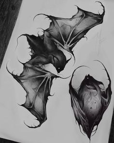 some sort of art work with black and white inks on paper, including two bats