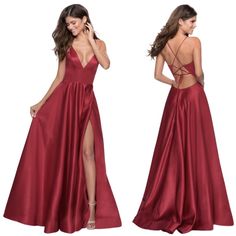 La Femme 28628 Full Skirt Deep V Neckline Strappy Back Gown Size: 0 Designer's Color: Deep Red Condition: New Without Tag / Never Worn Timeless Long Satin Gown With Deep V Neckline And A Left Side Leg Slit. A Unique Criss Cross Back Gives This Design A Fresh Feel. This Dress Also Has Pockets! Back Zipper Closure. Tags: Cute Sexy Flattering Stunning High End Luxury Designer Pageant Wedding Guest Mother Of The Bride Groom Prom Homecoming Dance Gala Banquet Award Ceremony Black Tie Ethereal Romanti Dress For Awards Ceremony, Long Satin Gown, Cruise Formal Night, Party Photoshoot, Homecoming Dance, Award Ceremony, Satin Gown, Classic Chic, Awards Ceremony