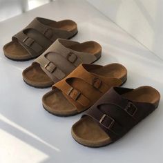 Footbed Sandals Leather Double-strap Slippers in Brown/Light Gray/Khaki/Coffee Footbed Sandals, Leather Slippers, Unique Beauty, Grey Khakis, Rubber Heels, 8 Days, Casual Jeans, Cow Leather, Pink Grey