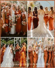 bridesmaids in orange and brown dresses posing for pictures