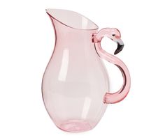 a pink glass pitcher with a flamingo shaped handle on the top and bottom, sitting in front of a white background