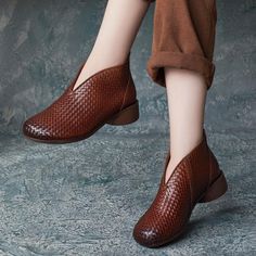 Babakud Women Autumn Ethnic Style Round Toe Leather Boots Woven Leather Shoes With Round Toe, Bohemian Leather Slip-on Boots, Traditional Leather Slip-on Boots, Traditional Handmade Brown Boots, Traditional Leather Boots For Fall, Handmade Traditional Brown Boots, Bohemian Brown Ankle-high Boots, Traditional Brown Closed Toe Boots, Traditional Brown Boots With Round Toe