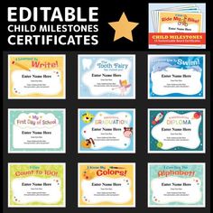 Editable Child Milestones Certificates (15) Kindergarten Diploma, Graduation Diploma, Kindergarten Reading Activities, Awards Certificates Template, Ride A Bike, The Tooth Fairy, Award Certificates, Learn To Swim, Kindergarten First Day