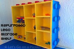 a lego storage shelf with instructions on how to use it for play and pretend toys