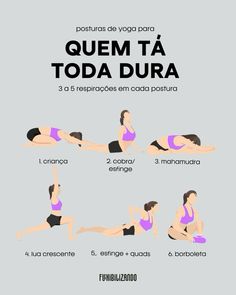 a woman doing yoga poses with the words quem ta toda dura in spanish