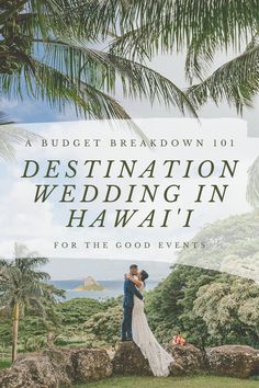 a bride and groom standing in front of palm trees with the words destination wedding in hawaii for