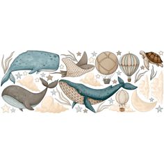 an ocean scene with whale, turtle and hot air balloons