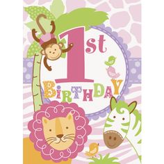 the first birthday card has animals, zebras and giraffes