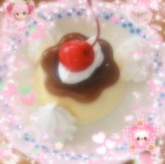 there is a small cake with chocolate and a cherry on top in the middle of it