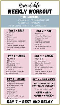 the workout plan is shown in pink and blue, with instructions for each week's workout