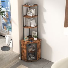 the corner shelf is made out of wood and metal