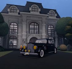 a black car parked in front of a large house