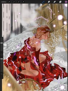 an animated image of two women hugging in the snow, one is wearing a red dress