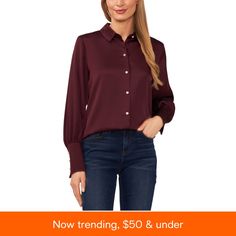 in stock Fall Button-up Blouse, Trendy Fall Blouse With Back Button Closure, Fall Office Wear Shirt With Buttons, Business Casual Button-up Blouse With Button Closure, Fall Button-up Blouse With Button Closure, Fall Office Shirt With Covered Buttons, Button-up Blouse With Button Closure, Trendy Blouse With Button Closure For Business Casual, Chic Business Casual Blouse With Button Closure