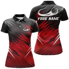 a women's black and red shirt with the name your name on it