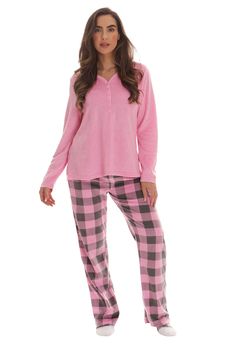 PRICES MAY VARY. SLUMBER IN BLISS: Treat yourself to uber comfort whenever you hit the sheets. You’ll love the feel of the 100% polyester microfleece fabric. Ultra-soft, this women’s pajama pant set is a recipe for restful sleep and incredible comfort as you lounge away. CHILL IN STYLE: Make sleepy time pretty time. We’ve combined a stylish button front henley top, faux fur look, printed sleeping bottoms, and a printed yoke to match the pants. The cute jammies also come with matching socks to co Womens Pj Sets, Fleece Pjs, Soft Pajama Pants, Matching Socks, Plaid And Leopard, Sleepy Time, Plus Size Pajamas, Womens Pajamas Pants, Soft Pajamas