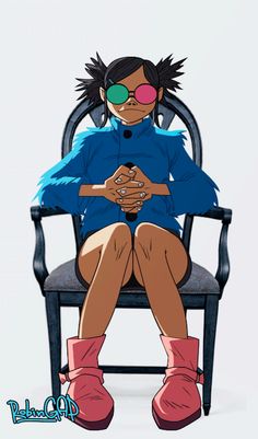 an anime character sitting in a chair with her legs crossed