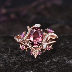 Item description ✦ Handmade, high-quality item! ✦ Material: Solid 10k/14K/18K GOLD (can be made in white/rose/yellow gold) Engagement ring ✦ Center stone: Natural Pink Tourmaline ✦ Size/Weight: 6x8mm Oval Cut ✦ Side stones: Marquise Cut Natural Pink Tourmalines and Marquise Cut/Round Cut Moissanites Wedding bands ✦ Gemstones: Round Cut Natural Pink Tourmalines Any ring size can be made,if the ring size is not in the option list ,contact me. As it is handmade,it needs 2-4 weeks to finish and then be shipped by usps or DHL. Return policy: We offer 30 days return policy. For any reason, if you are not completely satisfied with your order, you may return it for a refund.  Buyer is responsible for the handcraft fee (15%-30% of the total price) and the return shipping cost. Tourmaline Wedding Ring, Pink Engagement Ring Set, Wedding Rings For Bride Pink Tourmaline, Pink Goth Wedding Ring, Pink Amethyst Ring For Wedding, Fine Jewelry Style, Pink Tourmaline Rings With Gemstone Accents, Morganite Wedding Set, Luxury Pink Tourmaline Rings, Pink Tourmaline Engagement Ring