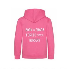 Do your kids complain they should be farming & not going to nursery?  This is the perfect hoodie for them! This FUN pink hoodie features the wording 'Born To Farm, Forced To Go To Nursery' & a small tractor design. ( Also available in a School version) * Option to Personalise with a name or initials on the front left chest. * Choose the print colour (colour options in photo's) DETAILS * Supersoft * 75% Cotton 25% Polyester * No drawstring, for safety * Hand printed using premium vinyl * Made to Tractor Design, Small Tractors, Farm Clothes, New Baby Announcements, Colour Colour, Vinyl Gifts, Girls Nursery, Boiler Suit, Pink Hoodie