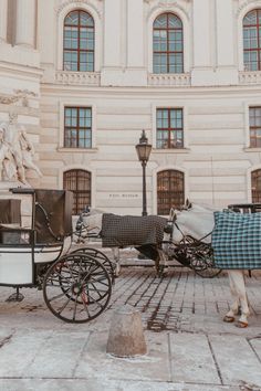 two horses pulling a carriage in front of a building