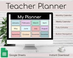 a computer screen with the words teacher planner on it and an image of a cup of coffee