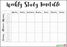 the printable weekly study timetable is shown in black and white, with numbers on it