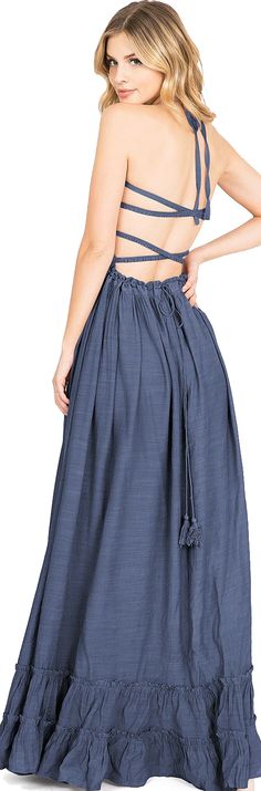 #denim #denimlovers #denimfashion #chambraydress #dresses #dressesonline #springstyle #springfashion #openbackdress #marinalaswick Ruched Flowy Maxi Dress, Breezy Vacation Maxi Skirt With Elastic Waistband, Breezy Maxi Skirt With Elastic Waistband For Vacation, Bohemian Spring Maxi Dress With Drawstring, Bohemian Maxi Dress With Drawstring For Spring, Spring Bohemian Maxi Dress With Drawstring, Bohemian Flowy Maxi Dress With Drawstring, Flowy Bohemian Maxi Dress With Drawstring, Maxi Dress With Smocked Back And Flowy Skirt