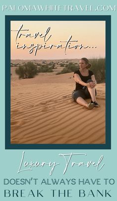 a woman sitting on top of a sandy beach next to a blue frame with the words,