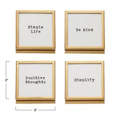 four framed pictures with the words simple life, positive thoughts and simplity printed on them