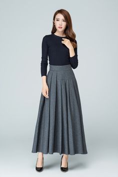 Wool skirt maxi skirt pleated skirt gift for women warm Fitted Gray Maxi Skirt With Lined Skirt, Fall A-line Pleated Maxi Skirt, Elegant Gray Fitted Maxi Skirt, Elegant Fitted Gray Maxi Skirt, Elegant Long Gray Skirt, Gray Flared Maxi Skirt With Lined Skirt, Gray Flared Maxi Skirt With Lining, Winter Full-length Pleated Skirt, Elegant Gray Flowy Skirt