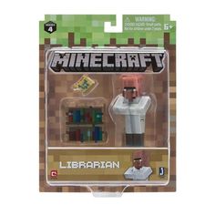 a toy figurine in the packaging for a minecraft character figure, with an image of a man wearing a white shirt and tie