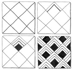 four squares that have been drawn with black and white lines on them, each one has a diamond in the middle