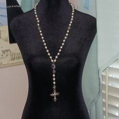 Handmade Rosary, New, Antique Chandelier Beads, Czech Glass & Silver Cross With Rhinestones 30" Elegant Beaded Rosary For Jewelry Making, Elegant Pearl Beaded Rosary, Handmade Rosary, Antique Chandelier, Hand Crafted Jewelry, Crafted Jewelry, Silver Cross, Jewelry Handmade, Rosary