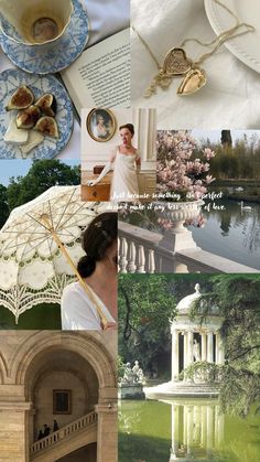 a collage of photos with an umbrella and other things in the background that include flowers