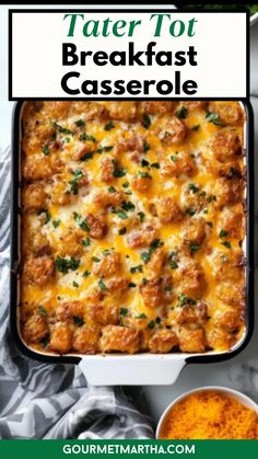 tater tot breakfast casserole in a white baking dish with cheese and parsley