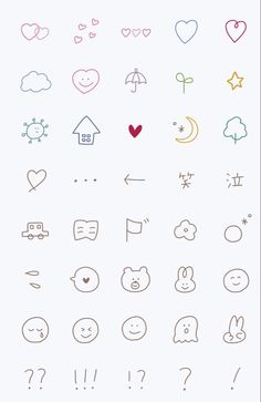 the icons are drawn in different colors and shapes, including hearts, clouds, stars, and other things