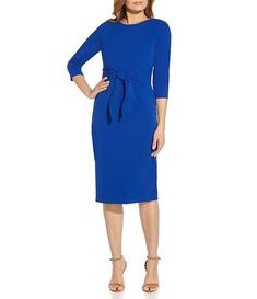 Adrianna Papell Stretch Crepe Crew Neck Tie Waist 3/4 Sleeve Midi Sheath Dress | Dillard's Belted Half Sleeve Midi Dress For Work, Chic 3/4 Sleeve Tie-waist Dress, Chic 3/4 Sleeve Dress With Tie Waist, Chic Tie Waist Dress With 3/4 Sleeves, Bodycon Midi Dress With 3/4 Sleeve For Spring, Spring Bodycon Midi Dress With 3/4 Sleeves, Workwear Dresses With Tie Waist And 3/4 Sleeve, Midi Sheath Dress, Stretch Crepe